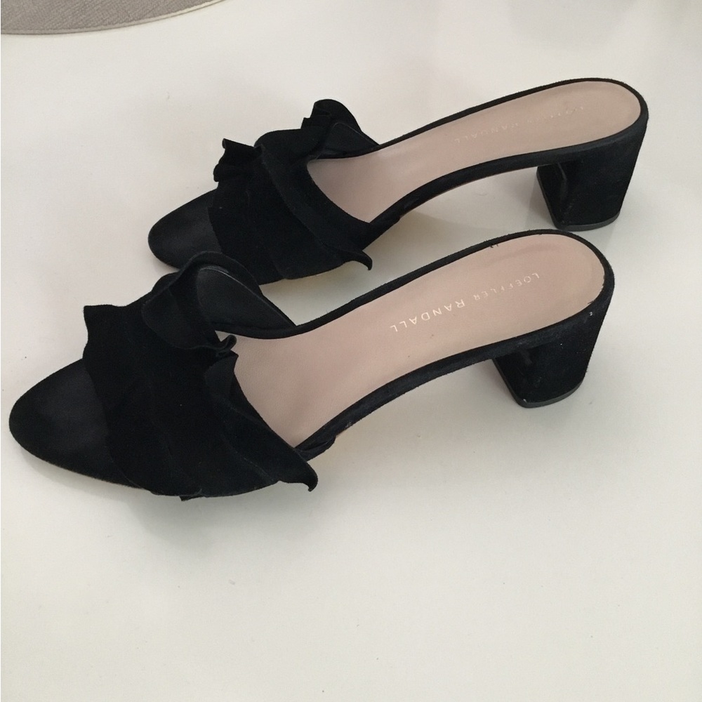 Loeffler Randall Black Suede Ruffle Block Heel Mules Sz 8 1/2.